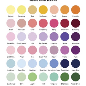 May include: A color chart with 36 different color swatches, each labeled with a name. The colors are arranged in rows and columns, and the chart is titled "COLOUR CHART".