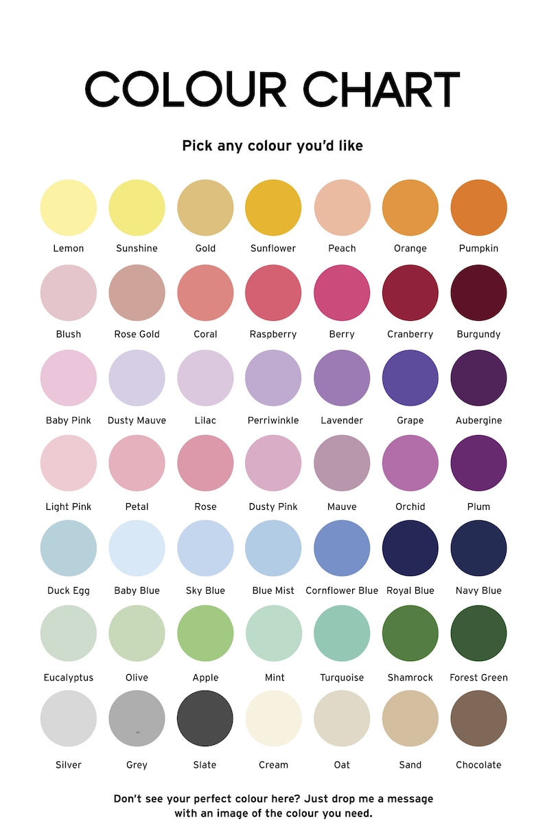 May include: A color chart with 36 different color swatches, each labeled with a name. The colors are arranged in rows and columns, and the chart is titled "COLOUR CHART".