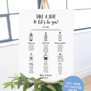 Over 150 gin bottles to choose from. Gin table plan on an easel
