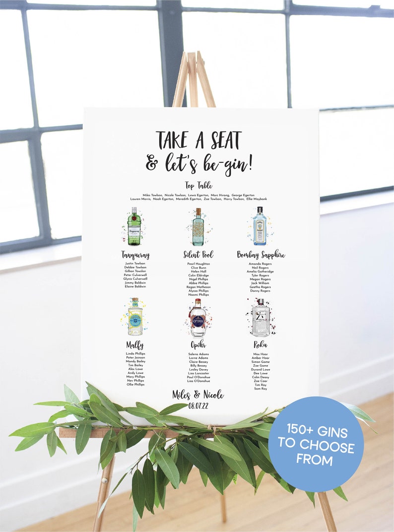 Over 150 gin bottles to choose from. Gin table plan on an easel