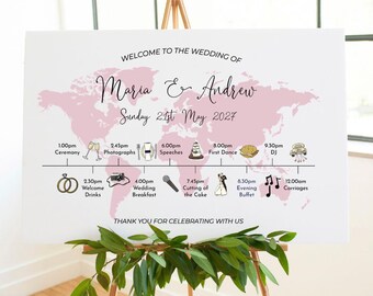 Wedding Order of the Day Sign | World Map Order of Events Timeline | Travel Theme