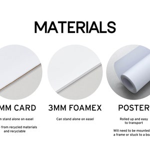 Materials to choose from include 2mm card, foamex or a roll up poster
