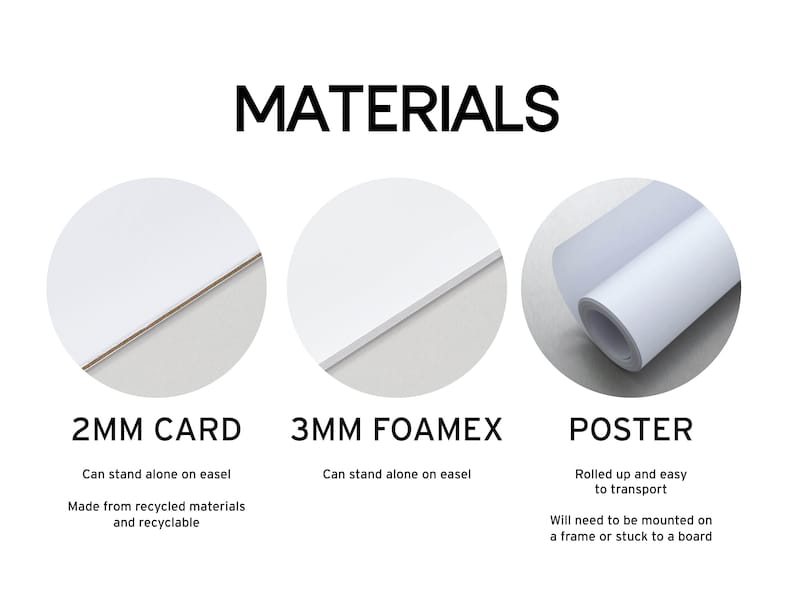 Materials to choose from include 2mm card, foamex or a roll up poster