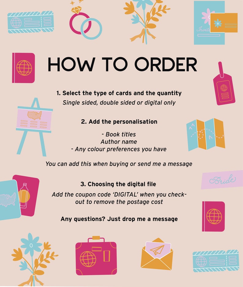 May include: A pink and white illustrated guide with the text "HOW TO ORDER" and instructions for ordering personalized cards. The instructions include selecting the type of cards, adding personalization, and choosing the digital file.