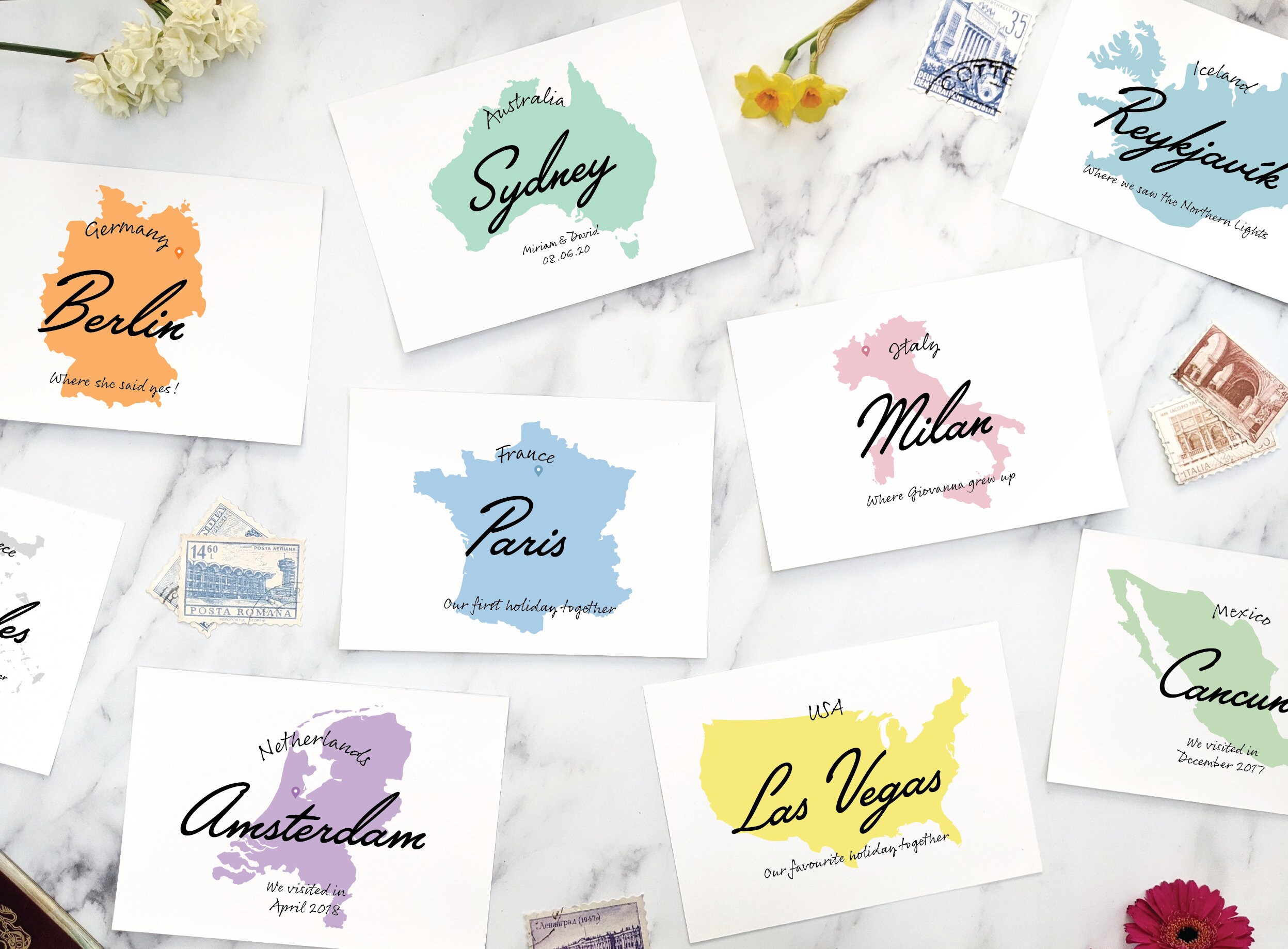 Travel theme table name cards for destination wedding