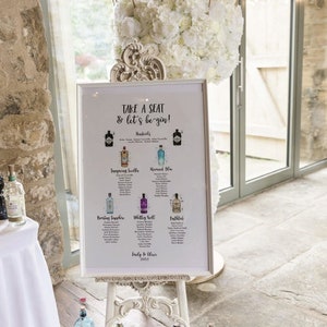 Example of a real wedding seating plan featuring the bride and groom's favourite gin bottles.