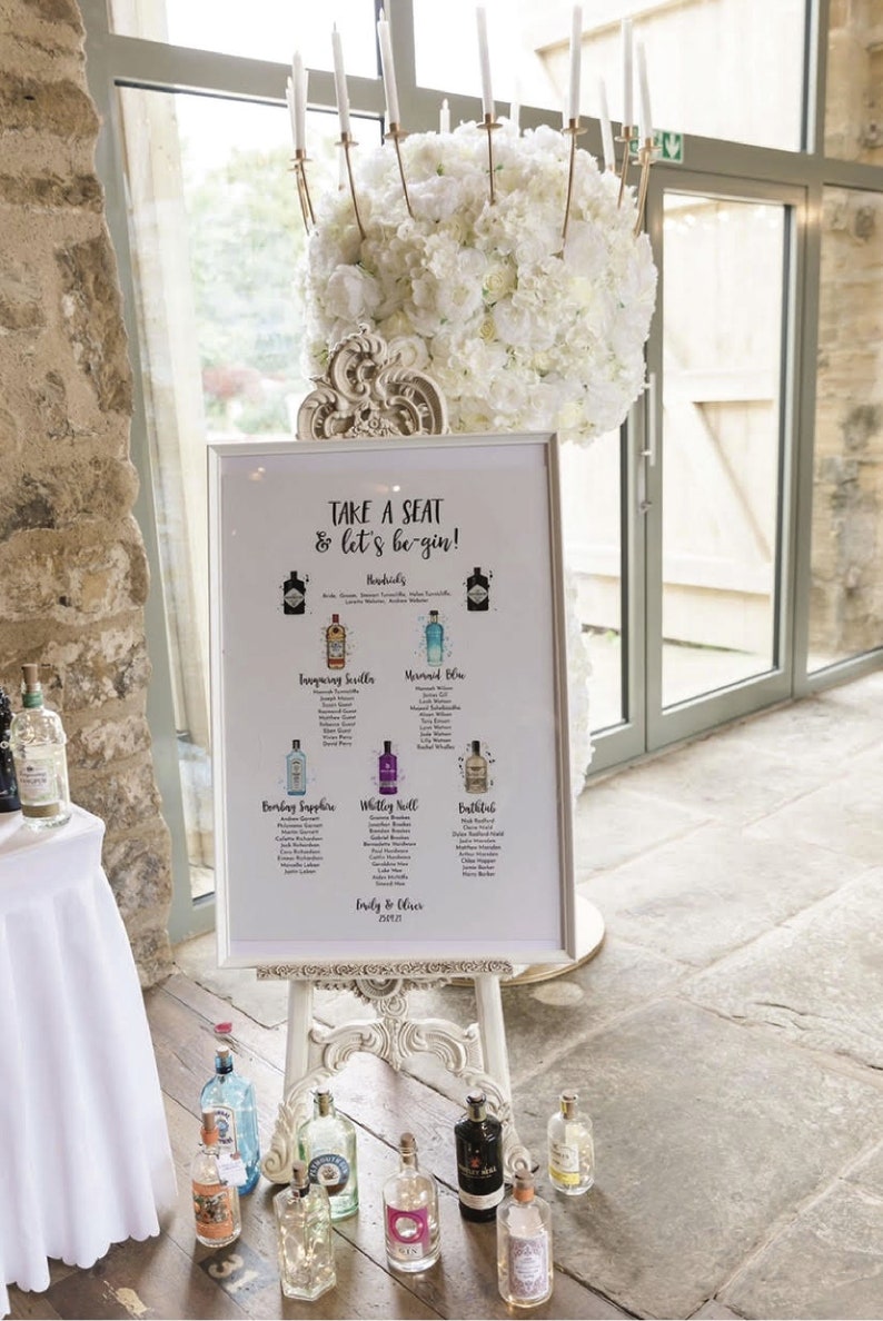 Example of a real wedding seating plan featuring the bride and groom's favourite gin bottles.