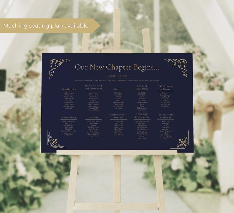 May include: A navy blue wedding seating chart with gold accents and text. The chart is titled "Our New Chapter Begins..." and lists guests by table names inspired by children's books, such as "The Name Road on the Deep North" and "The God of Small Things".
