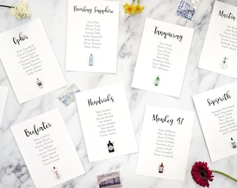 Gin bottle wedding table plan cards - Gin bottle illustrations