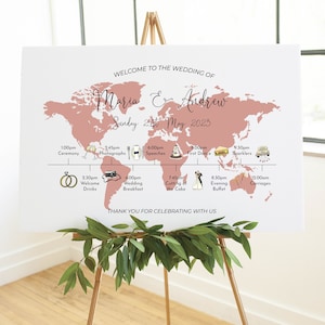 Ordine di matrimonio a tema di viaggio del giorno/ordine di servizio personalizzato - segno di matrimonio, cronologia degli eventi, icone illustrate