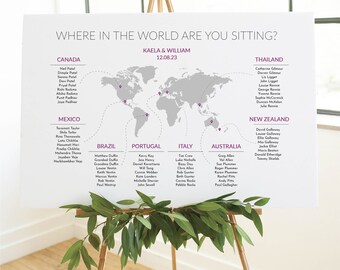 World map table plan, seating chart, travel themed wedding