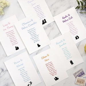 Disney theme wedding table plan cards - seating chart cards, Disney couple characters