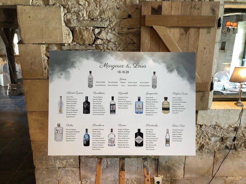 Example gin bottle table plan at a real wedding