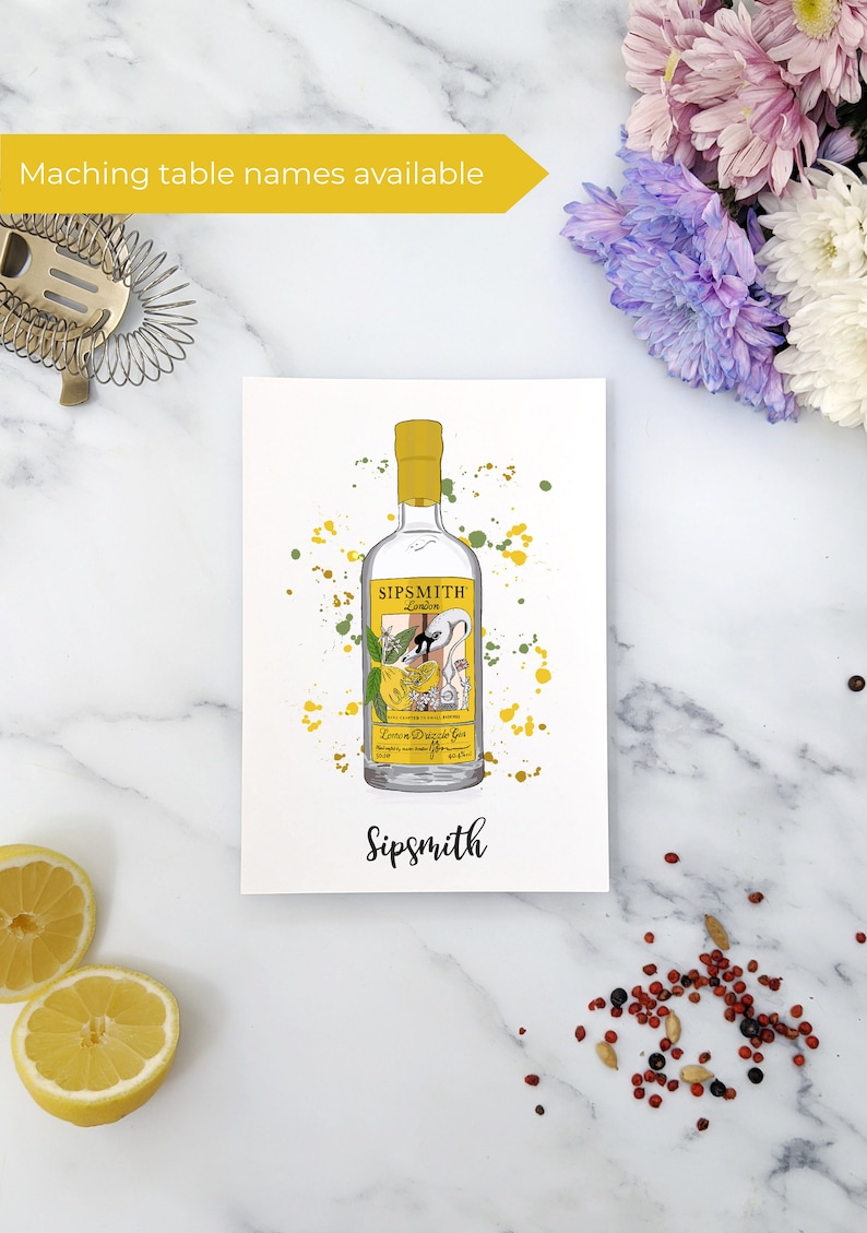 Matching gin bottle table names are available. Rum, whisky, vodka, wine bottles also available.
