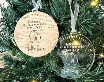 personalised couple christmas bauble, Engraved Wooden Bauble Boyfriend Girlfriend, 2023 Tree Decoration, Bauble for Couples, Couples Bauble