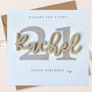 May include: A white card with a beige background and the text "Wishing you a very 21 Rachel Happy Birthday" with a beige 3D number 21 and the name Rachel in beige 3D letters.