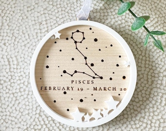 Pisces Zodiac Constellation Ornament, February March Birthday Gift, Astrology Star Sign Decor, Celestial Wooden Keepsake