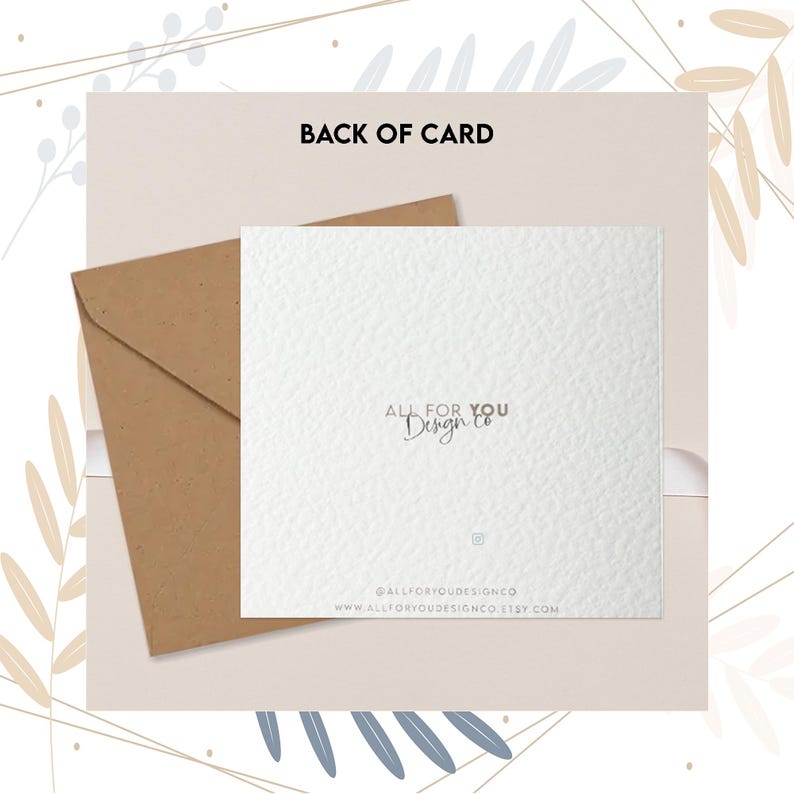 May include: The back of a white card with the text "ALL FOR YOU Design Co." in black cursive writing. The card has a textured surface and a brown envelope is partially visible in the bottom left corner.