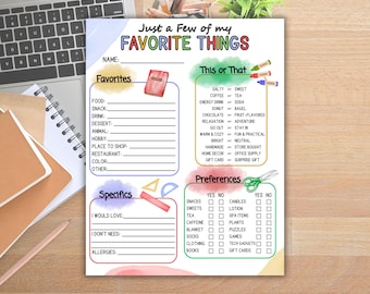 May include: A colorful printable worksheet titled "Just a Few of my Favorite Things." The worksheet includes sections for favorites, preferences, and specifics. It has a keyboard, notebook, and pencil in the background.