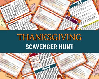 Può includere: Gioco di caccia al tesoro del Ringraziamento con carte arancioni e bianche. Le carte presentano testo, grafica e fogli di risposta. Il titolo "Thanksgiving Scavenger Hunt" è in lettere arancioni su sfondo verde acqua. Le carte hanno un tema autunnale.