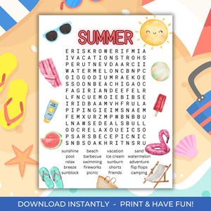 Summer Word Search, June July August Word Search Games, Word Search for Seniors, Family Fun Activities, Kids Games, Classroom Word Search