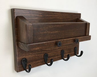 Stained Wood Entryway Organizer: Key, Mail & Leash Holder