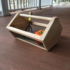 Garden Basket Tote hod for carrying Vegetables and garden harvest, egg gathering Table Centerpiece with Small Copper or cedar wood Handle image 1