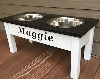 Raised Dog Feeder: Personalized Solid Wood Farmhouse Style Bowl Stand, Medium Breed