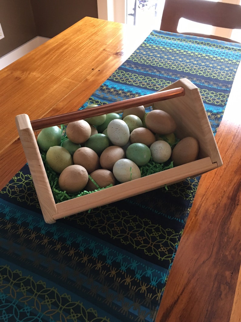 Garden Basket Tote hod for carrying Vegetables and garden harvest, egg gathering Table Centerpiece with Small Copper or cedar wood Handle image 8