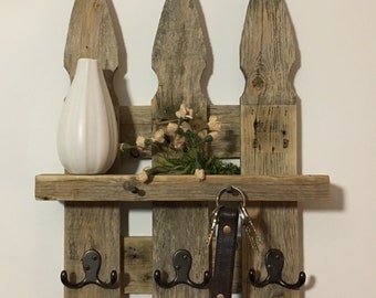 rustic picket fence wall shelf, key holder, coat hooks, farmhouse decor