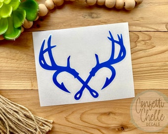 Deer Decal | Deer Horns Decal | Fish Hook Decal | Deer Antlers Decal | Deer and Fish Decal | Antlers and Hook Decal Sticker