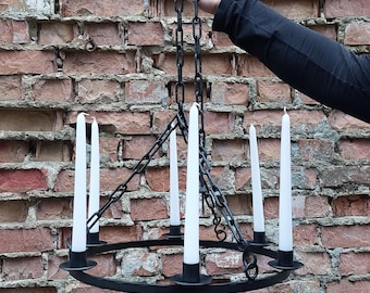 Vintage Hand-Forged Iron Candle Chandelier | Rustic Gothic Ceiling Candle Holder | Hanging Medieval Blacksmith Lighting