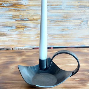 Vintage Hand-Forged Iron Candlestick Holder with Curved Handle | Rustic Taper Candle Stand | Blacksmith-Made Home Decor |
