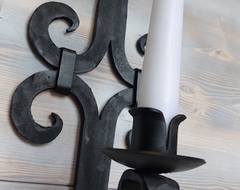 Vintage Hand-Forged Wrought Iron Wall Sconce | Gothic Scroll Taper Candle Holder | Rustic Black Metal Wall Decor