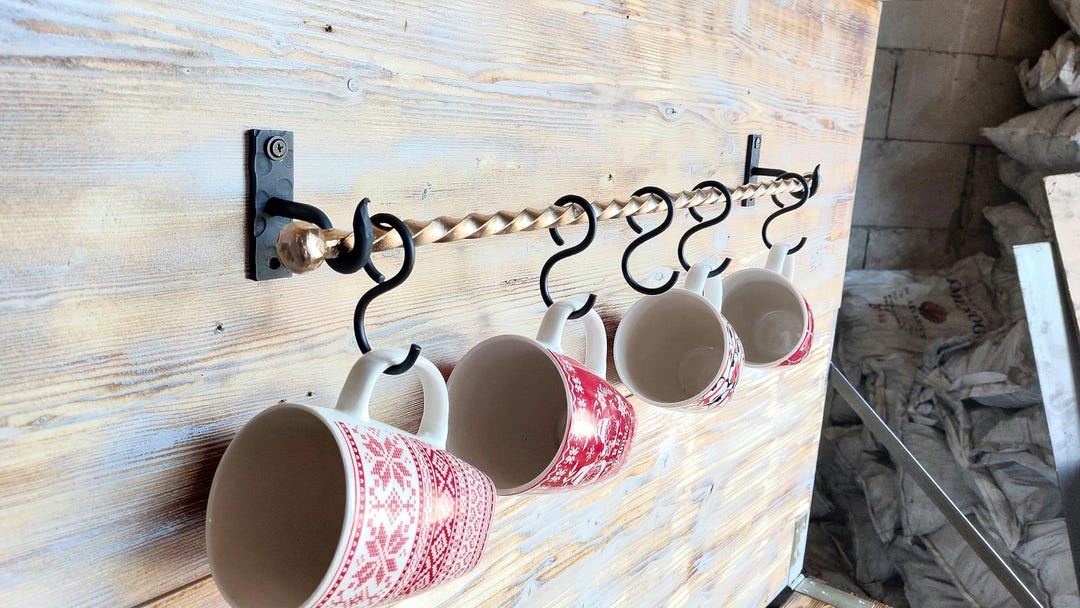 Rustic Handmade Wrought Iron Mug Rack – Wall-mounted Cup Holder With ...