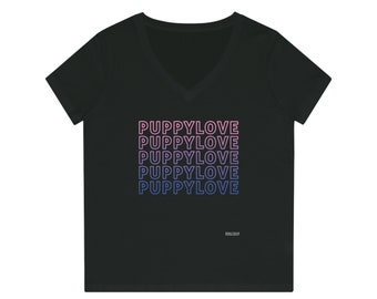 Women's Organic Cotton V-Neck T-shirt Featuring a Stunning Purple to Blue Gradient 'Puppylove' Print