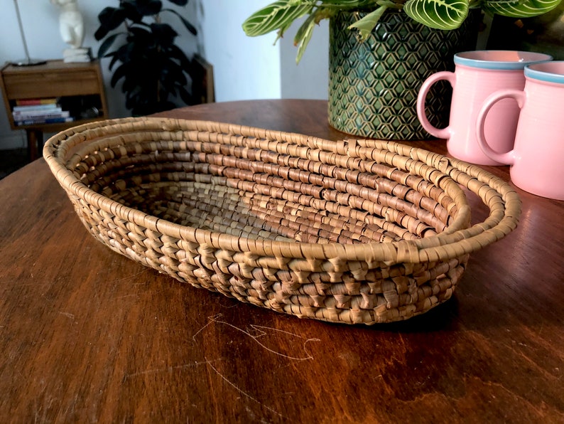 Vintage Handmade Coil Basket Bowl Tray with Handles in Natural and Brown Boho Decor 13.25