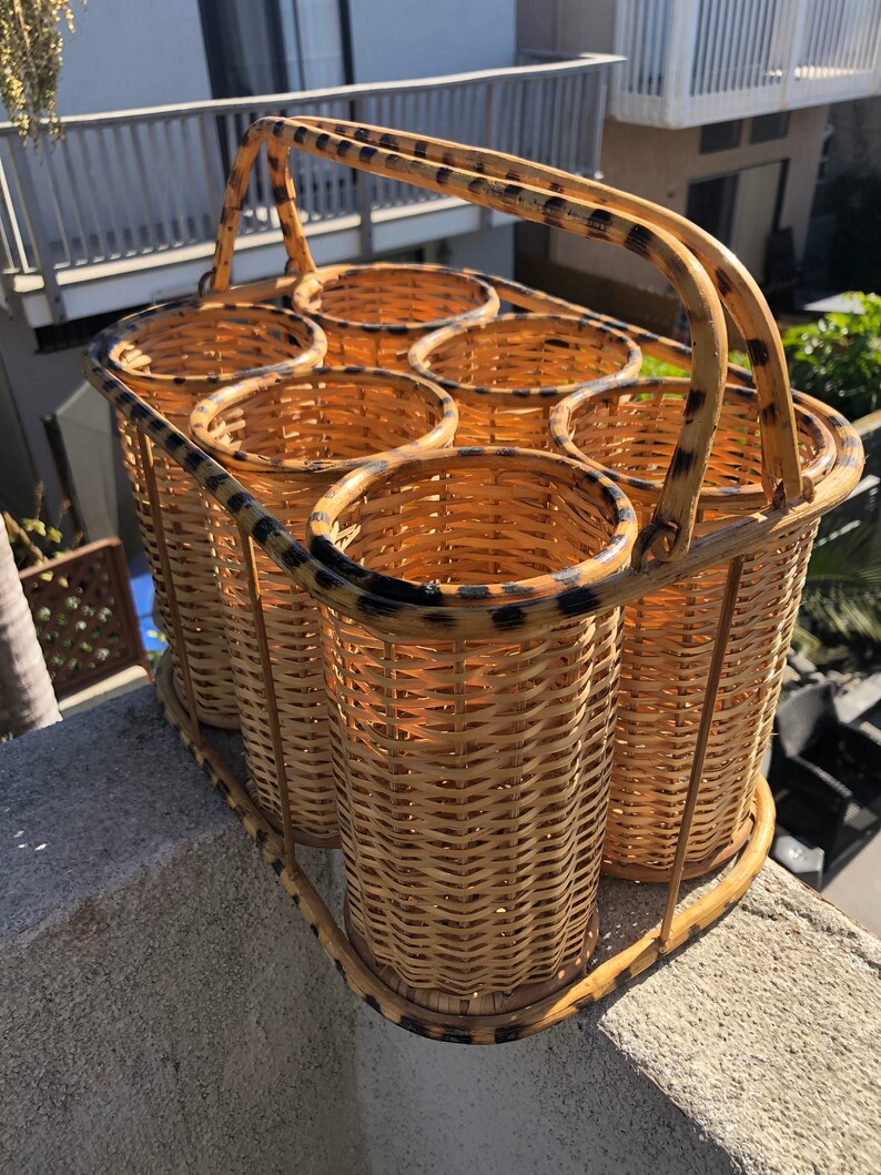 Vintage Wicker Rattan Bamboo Six Bottle Wine Rack Basket Caddy Etsy