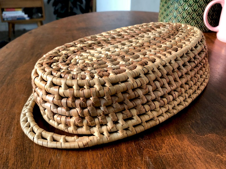 Vintage Handmade Coil Basket Bowl Tray with Handles in Natural and Brown Boho Decor 13.25