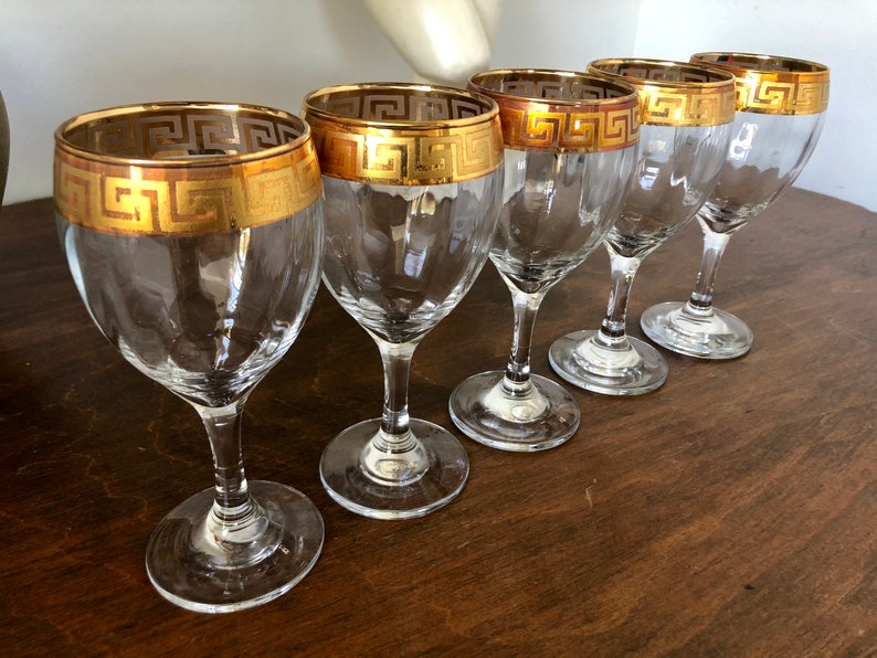 Set of 5 Vintage Gold Greek Key Wine Cocktail Tall Glasses Etsy