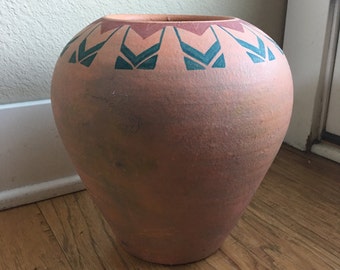 Large Vintage Hand Painted Terra Cotta Pot Vase Native American Tribal Mexican Southwestern Boho Design 9"