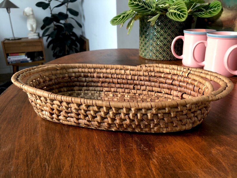 Vintage Handmade Coil Basket Bowl Tray with Handles in Natural and Brown Boho Decor 13.25
