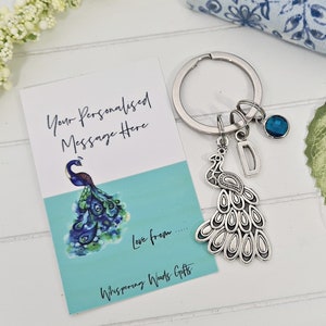 Peacock-sleutelhanger, gepersonaliseerde geboortesteensleutelhanger, Peacock-cadeaus, achtergrondkaart bericht, veel succes