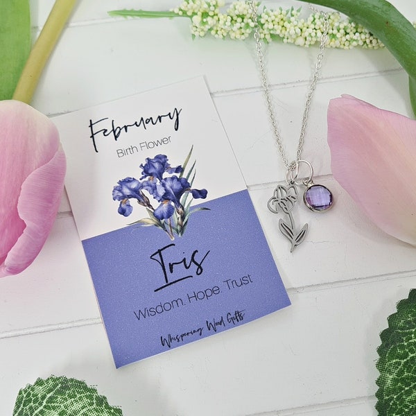 Iris Necklace, February Birth Flower, Amethyst Birthstone Pendant, Pick Me Up, Botanical Jewellery, Gift For Her, Personalised