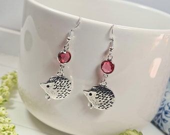 Silver Hedgehog Earrings, Birthstone Gift, Hedgehog Gifts, Dangle Drop, Animal Wildlife Nature Jewellery