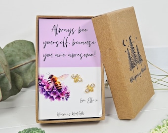 Always Bee Yourself, Gold Bee Earrings, Positivity Gift For Her, Personalised Jewellery