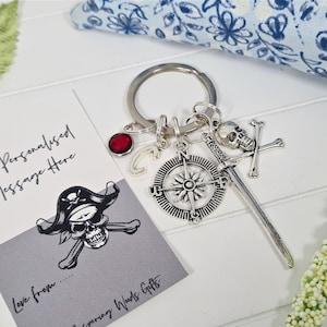 Pirat Schlüsselanhänger, Party Gefälligkeiten, Totenkopf, Geschenk für Jungen und Mädchen, personalisierte Geburtsstein Schlüsselanhänger, Taschenverschluss,