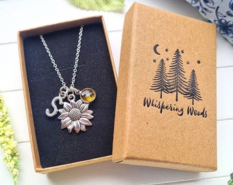 Personalised Sunflower Necklace, Sunflower Gifts, Birthstone Pendant, Pick Me Up, Gift For Her