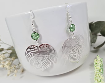 Monstera Leaf Earrings, Birthstone Jewellery, Large Statement Dangling, Botanical, Gift For Her, Nature Inspired