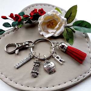 Personalised Teacher Gift, Tassel Bag Charm, Owl, Apple, Ruler